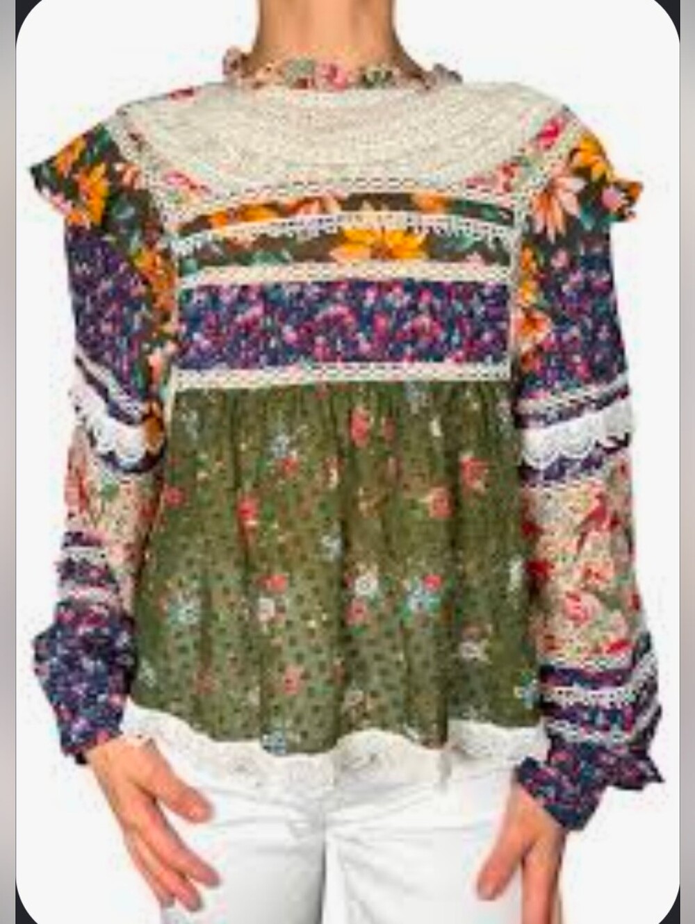 Farm Rio Lace Bib Ruffle Blouse - Picture 1 of 9